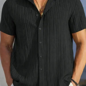 men’s premium ribbed textured summer shirt – black | resort collar casual shirt